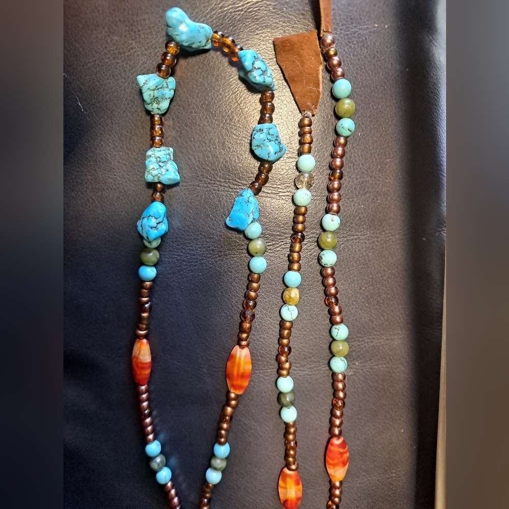 Turquoise, jade, shells, carnelian and seed bead handmade necklace 18" long.